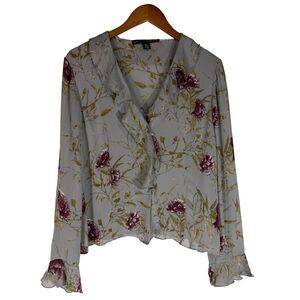 Linda Allard Ellen Tracy Silk Floral Blouse Gray Ruffle Sheer Romantic Size 14